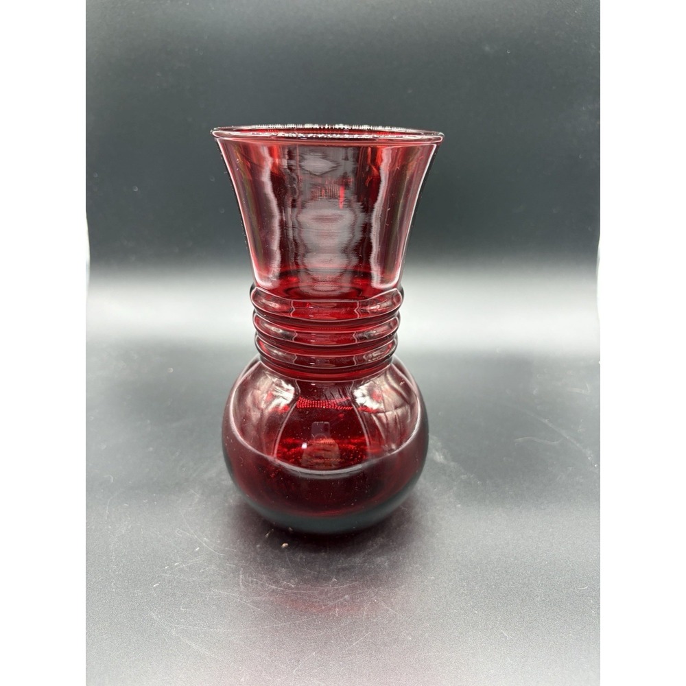 Vintage Ruby Red Glass Vase Ringed Neck Flared‎ Rim Mid Century Modern Decor